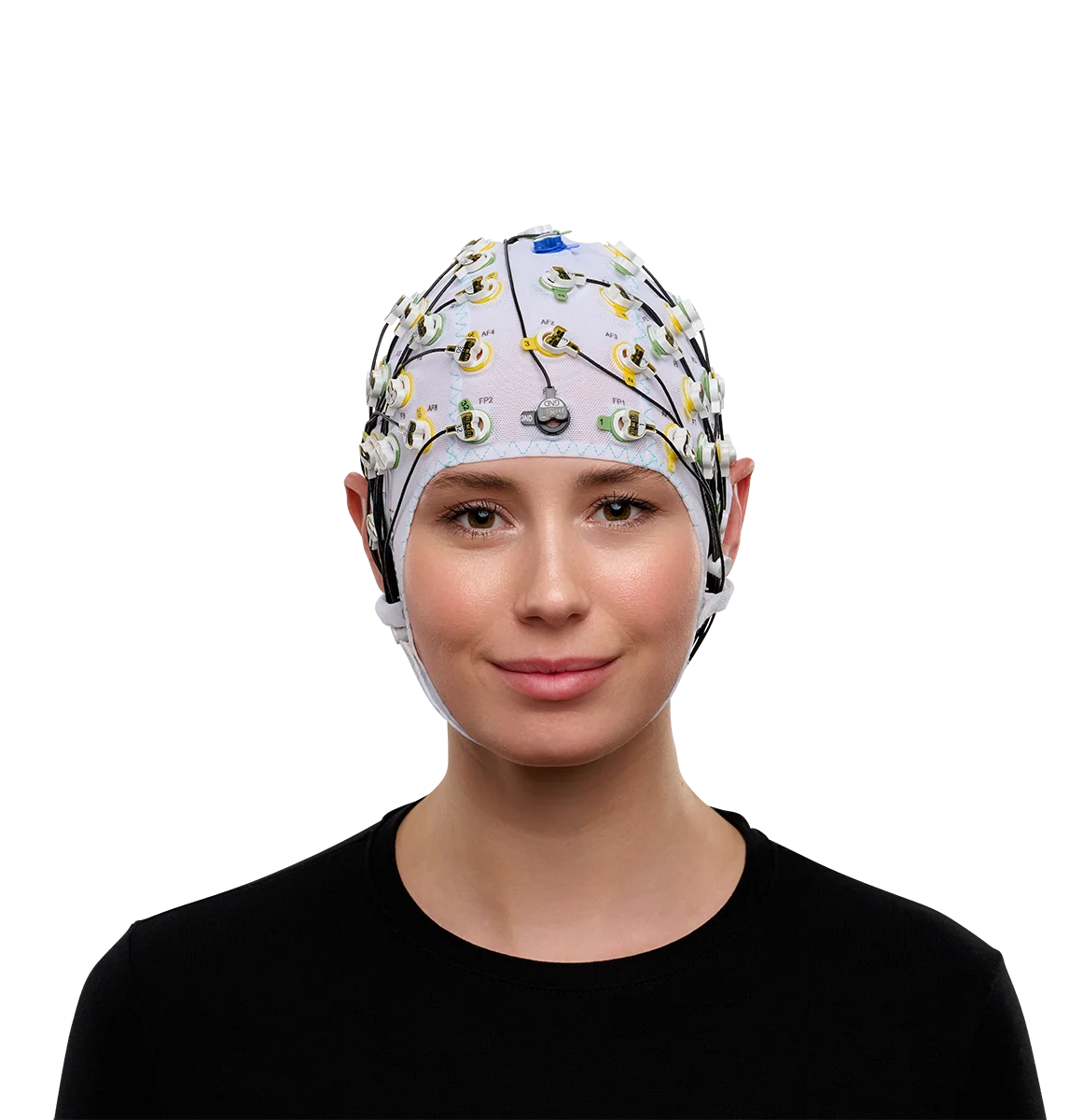 Woman looking straight into the camera, wearing the electrode cap ActiCap